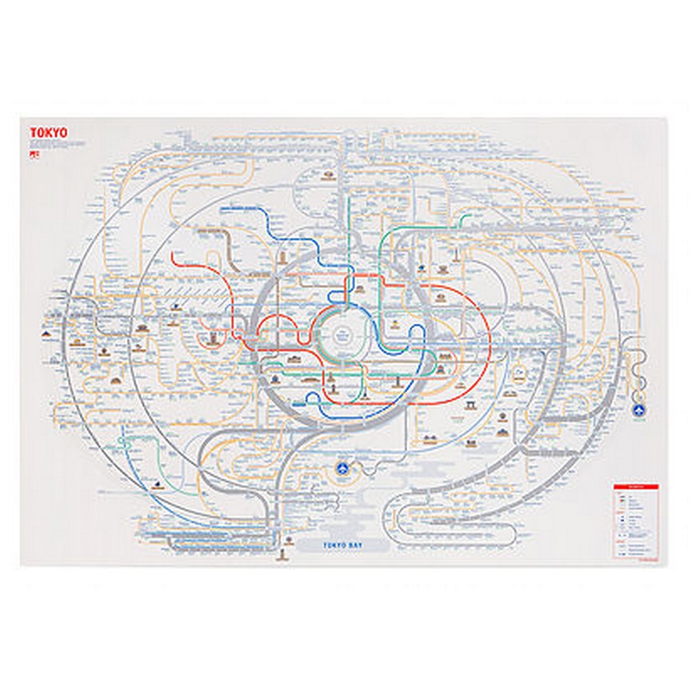 Vorderseite der Railway System City Map Tokyo White mit detailliertem U-Bahn Plan und markierten Sehenswuerdigkeiten.